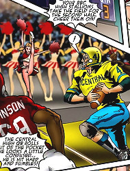 Cartoon porn. The central high Quarterback moves out from the pocket. He looks a bit embarrassed. He's hit difficult and rummages